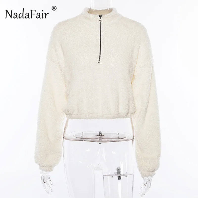 Nadaffair manga longa branco recortado hoodie feminino