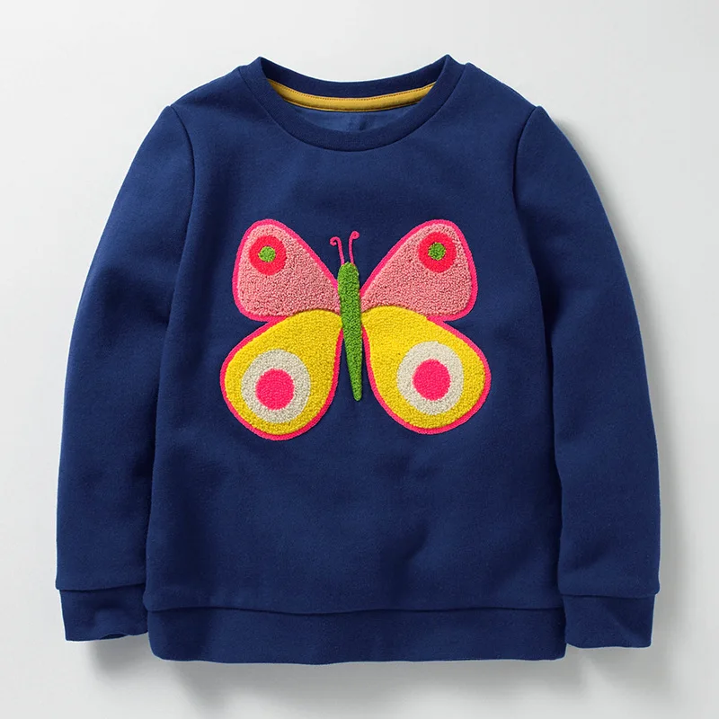 

Little Maven New Autumn Spring Children Blue Butterfly Embroidery Cotton Terry Full- sleeved O-neck Girls Casual Thin Hoodies