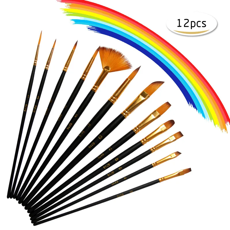 

12PC Nylon Hair Brush Pen Wooden Handle Thin Round Line Pen Nail Artists Set Short Multi-peak Soft Brush Acrylic Oil Art Tools