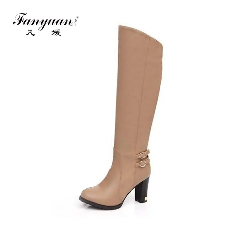 

fanyuan Autumn Winter High-Heeled Knee high Boots Women Belt Buckle Side Zipper Plus Size Knight Boots Size