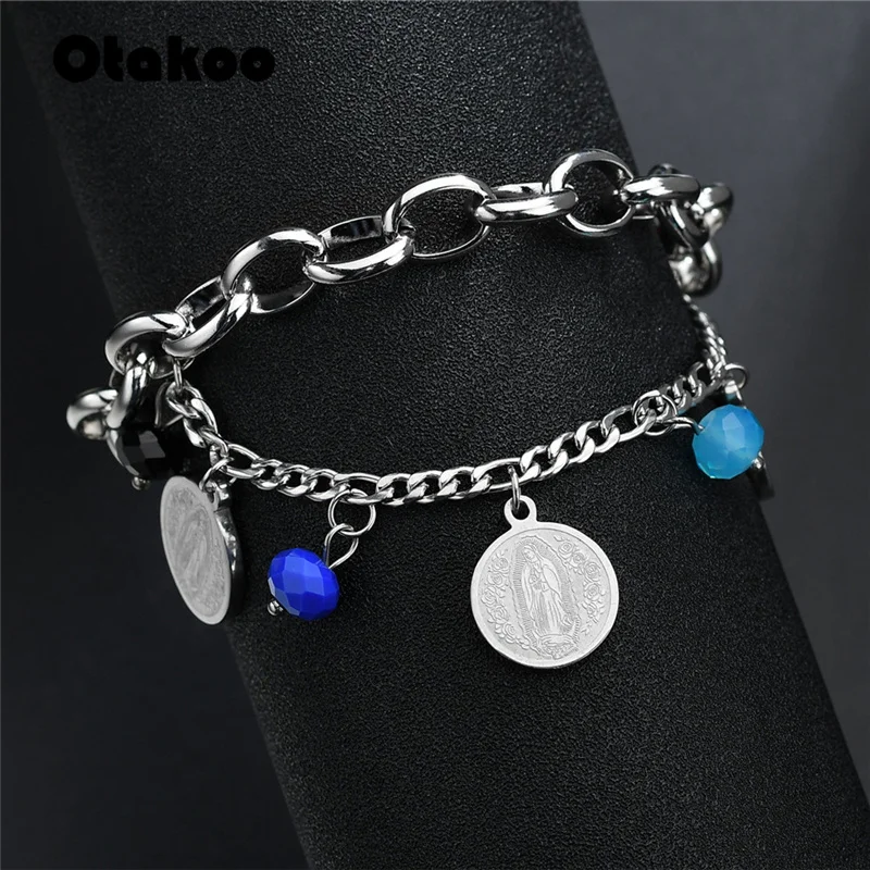 Otakoo двухслойный браслет цепочка из титана и стали Серебряный Большой Круглый