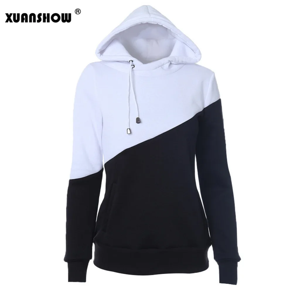 

Women Hoodies Patchwork Mix Color Drawstring Hooded Pocket Fleece Sweatshirts