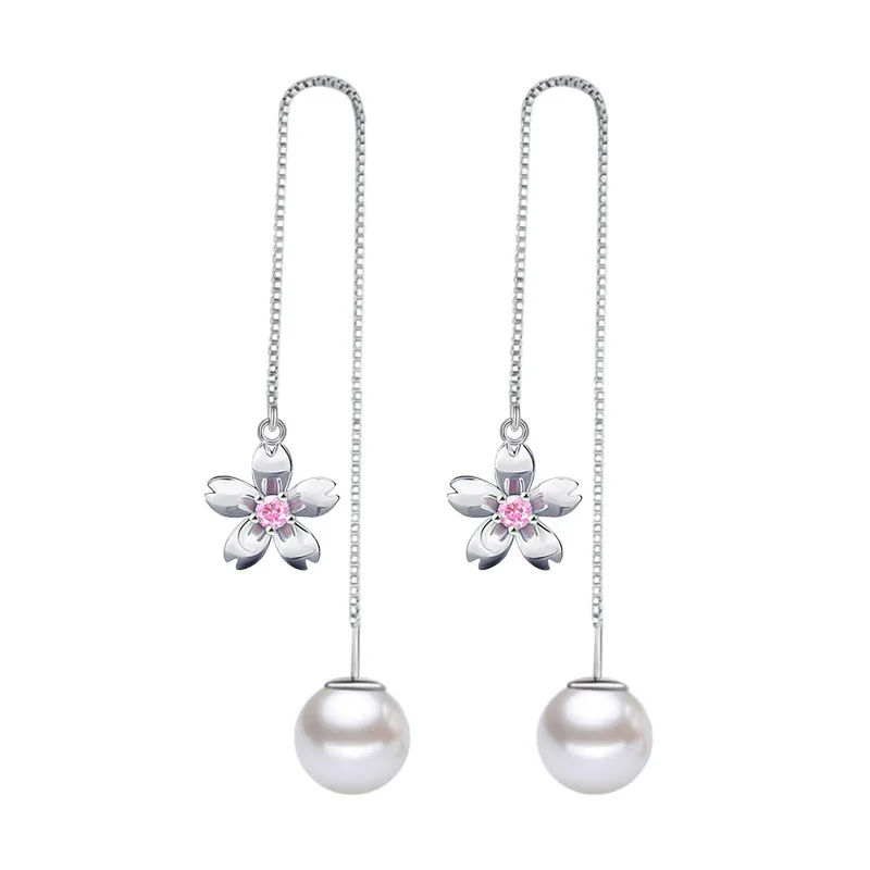 Стерлингового серебра 925 модная вишня цветы цветок из искусственного жемчуга кристалл ladies'long кисточки серьги гвоздики ювелирные изделия дешево