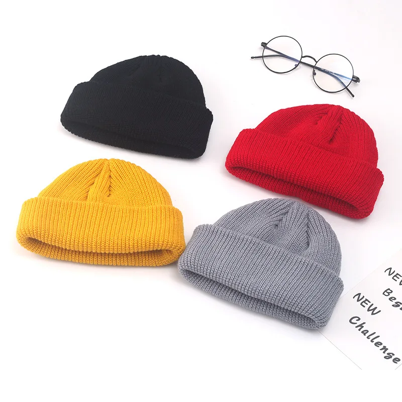 

Unisex Winter Ribbed Knitted Cuffed Short Melon Cap Solid Color Skullcap Baggy Retro Ski Fisherman Beanie Hat Man Women hat Gift