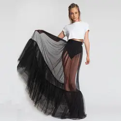 2018 новый дизайн один слой черный сексуальный Макси выпускная юбка Прозрачная женская черная длинная Тюлевая юбка с Ruched Edge на заказ