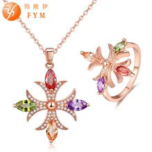 FYM Fashion Rose Gold Color Wedding Jewelry Sets Necklace + Ring Women Multicolor Cubic Zircon Necklace Ring Set For Party blucome brand design rose gold color square cubic zircon ceramic earrings ring set chinese porcelain women wedding jewelry sets