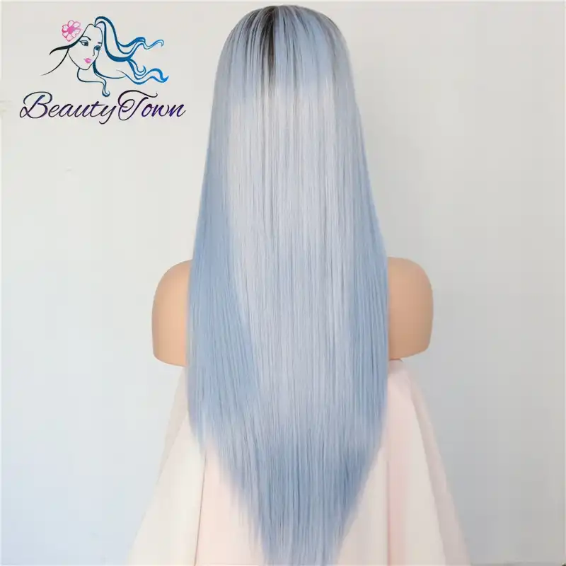 Beautytown Dark Roots Ombre Light Blue Long Straight Heat Resistant Hair Women Daily Makeup Synthetic Lace Front Wedding Wigs