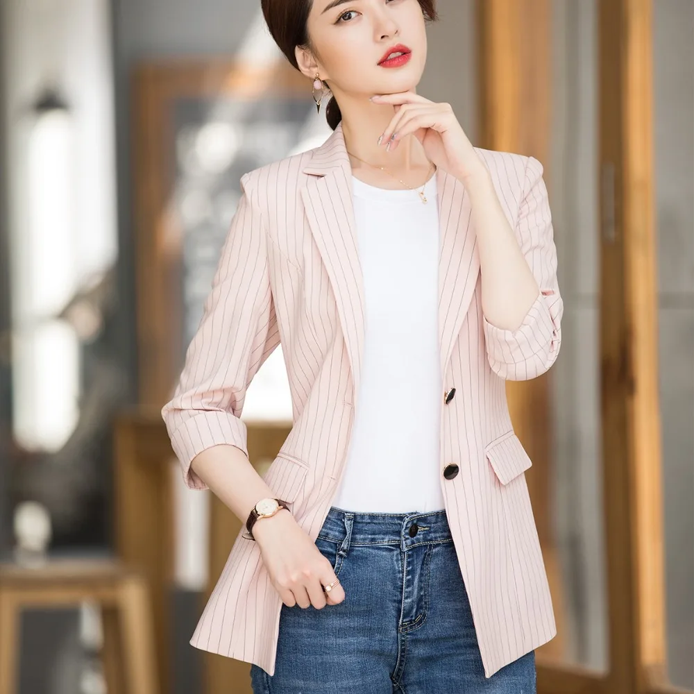 

2019 Women Long Pink Striped Blazer Fashion Jacket Casual Style Long Sleeve Coat For Fall Wear