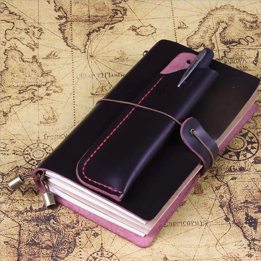

Handmade Leather Writing Travelers Notebook Journal Notebook Planner Diary Business Notepad with pen bag portable size