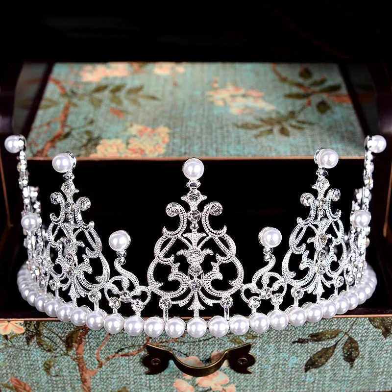 

Gold Silver Wedding Hair Accessories Crystal Tiaras Crowns Pearl Handmade Bridal Round Crowns Hair Jewelry For Women