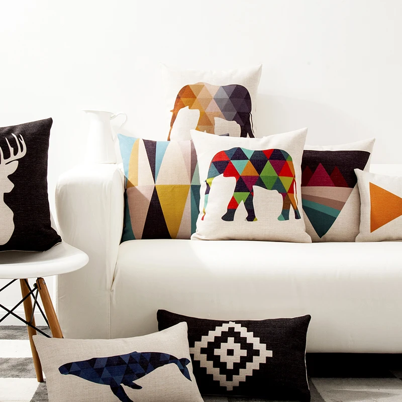 

Nordic Color Geometric Elephant Deer Pillow Cushion Cover Home Decorative Pillows Thick Linen Pillows Case Sofa Cushions