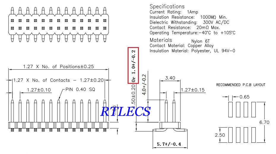 1.27 Pin Header SMD Drawing