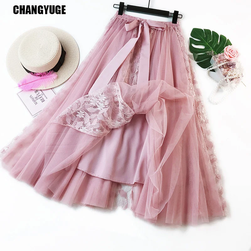 Модные элегантные кружевные длинные юбки из тюлевой ткани для женщин Высокая талия плиссированная макси юбка женская с бантом школьная юбка черный розовый синий