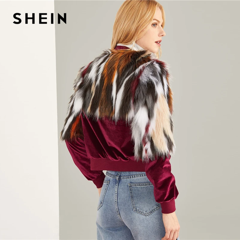 SHEIN Multicolor Elegant Office Lady Zipper Up Colorful Faux Fur Jacket 2018 Autumn Streetwear Workwear Women Coat Outerwear