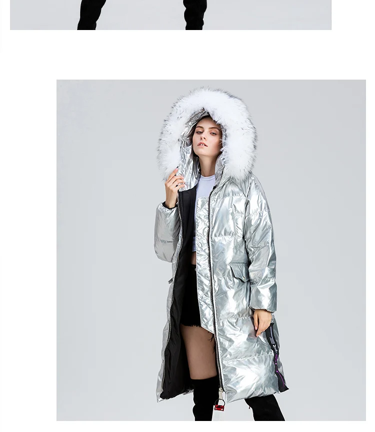 Natural Raccoon Fur Parka Winter White Duck Down Jacket Women Large Fur Collar Long Outwear New Women's Silver Down Coats