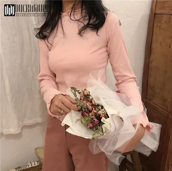 

Women Sweater Pullover Basic Rib Knitted Cotton Tops Solid Crew Neck Essential Jumper Long Sleeve Sweaters With Thumb Hole