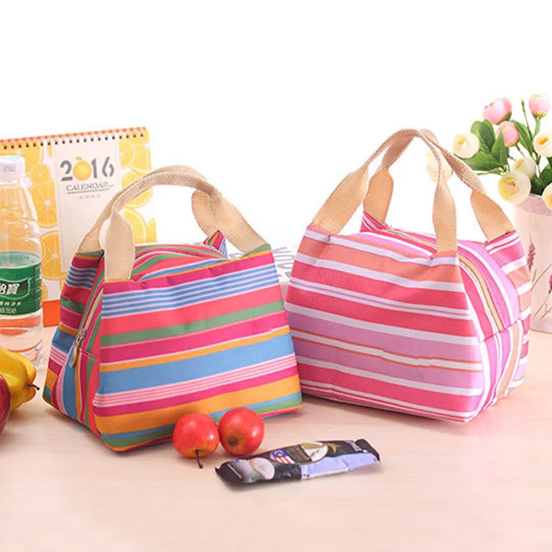 Портативный холст для обеденного мешка, сумка в полоску, теплоизоляционные сумки для путешествий, пикника, еды, ланч-бокса, сумка для маленьких девочек