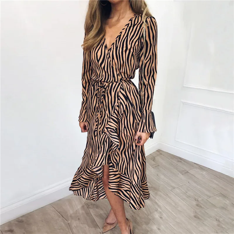

Women Summer Dress Chiffon Long Sleeve Sexy V neck Ruffles Long Beach Dress Stripe Irrenglar Loose Fashion Belt Dress