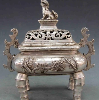 

Chinese Buddhism White Copper Silver Plum flower Foo Dog Censer incense burner
