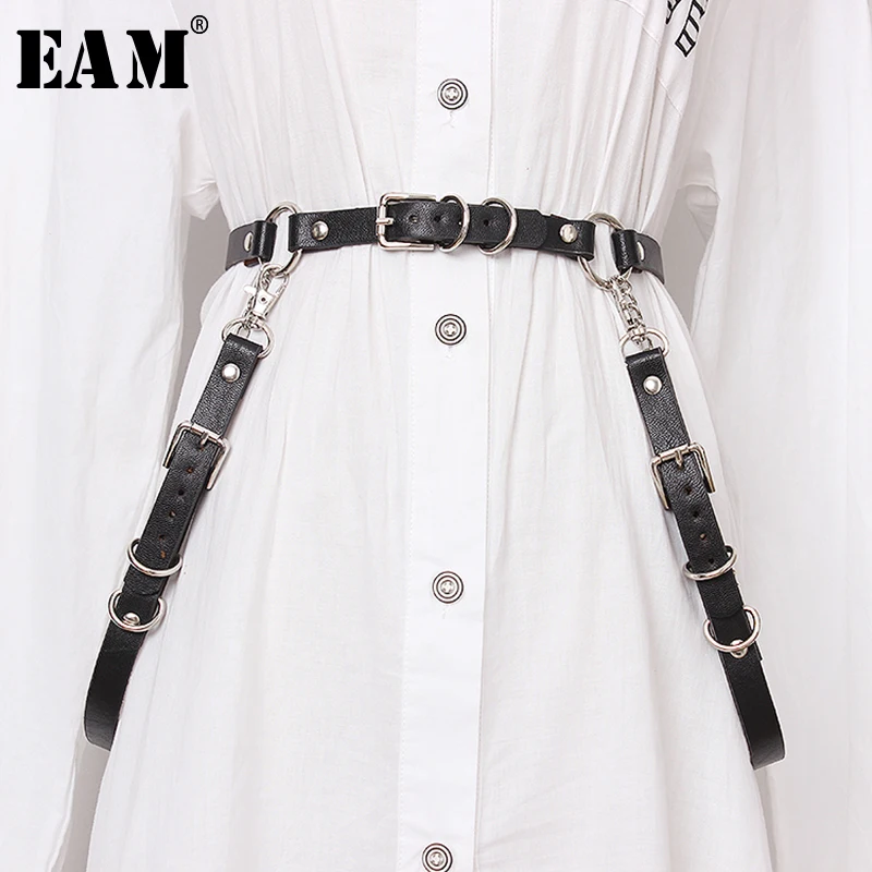 

[EAM] 2019 New Spring Summer Pu Leather Black Buckle Split Joint Personality Long Belt Women Fashion Tide All-match JX463