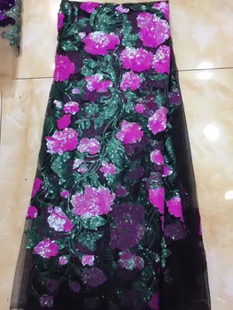 

African 3D Sequins Lace Fabric 2019 High Quality Lace French Rose Purple Sequence Tulle Lace Nigerian Lace Fabrics For Wedding