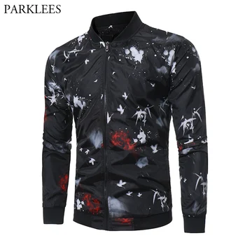 

Black Baseball Bomber Jacket Men 3D Crane Print Mandarin Collar Male Zip Up Jackets Coats Rib Long Sleeve Sport Work Veste Homme