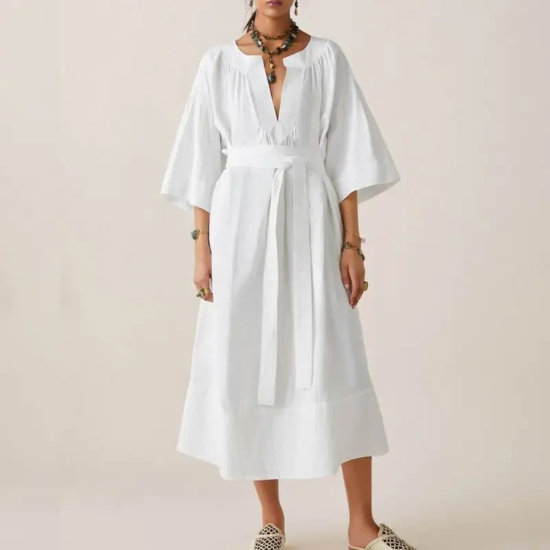 

Women White Loose Dress Spring 2019 New Fashion Traditional Arabian Robe Style Female Sashes Abaya Feminino Vestidos