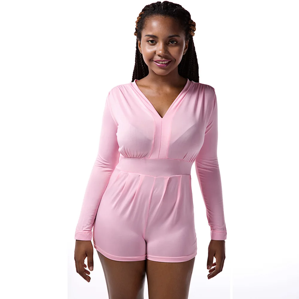 2017 New Style For Ladies Pink V Neck Bodycon Jumpsuit Short Solid Long Sleeve Casual Rompers