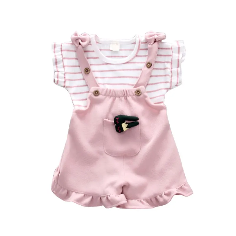 

2pcs Cute Girls Clothing Sets Fashion Striped Short Sleeve Girl T-Shirt Summer+ Overalls Shorts Baby Girl Clothes Suit