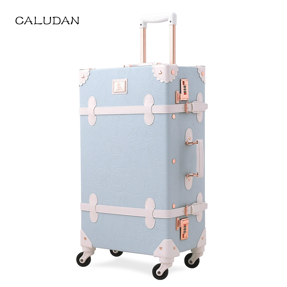 

Light BlueCALUDAN Retro Rolling Luggage with Adjustable Rod Spinner Wheels Vintage Cute Suitcase for Women Carry On