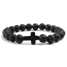 Модные черные лавы натуральные вулканического происхождения камень браслет Шарм бисер Крест Strand браслеты для мужчин женщин молитвенные украшения с Буддой