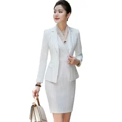Женская рабочая одежда костюмы с платьем для леди 2019 черный белый Nave синий полосатый женский элегантный 2 шт. платья костюм офисные наряды 4XL