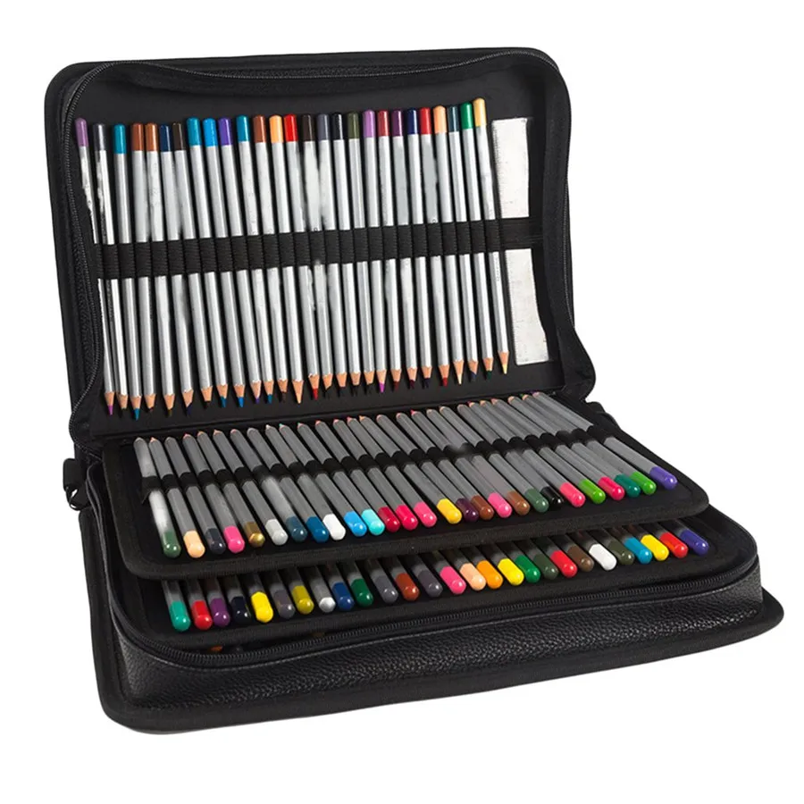 

4 Layers 160 Holes Portable PU Leather Pencil Case Pen Bag With Strap Large Capacity Students Drawing Painting Art Tools