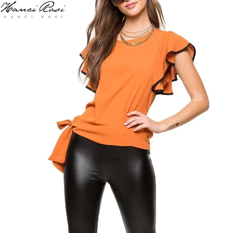 HANCI ROSI летняя блузка для женщин топы рубашка оборки короткий рукав блузки женские