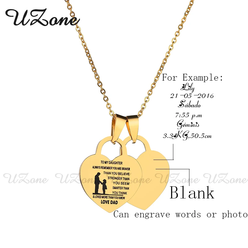 

UZone Double Side Heart Engrave Name Necklace To My Daughter Family Pendant Necklace Laser Custom Birthday Gift
