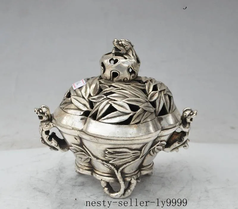 

christmas chinese fengshui silver foo dog lion beast Bamboo statue Incense Burner Censer halloween