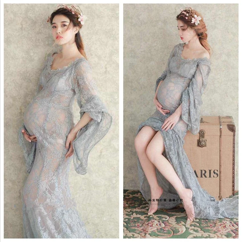 Платье для беременных женщин; элегантная одежда для беременных; кружевное платье с длинными рукавами для свадебной вечеринки; H446