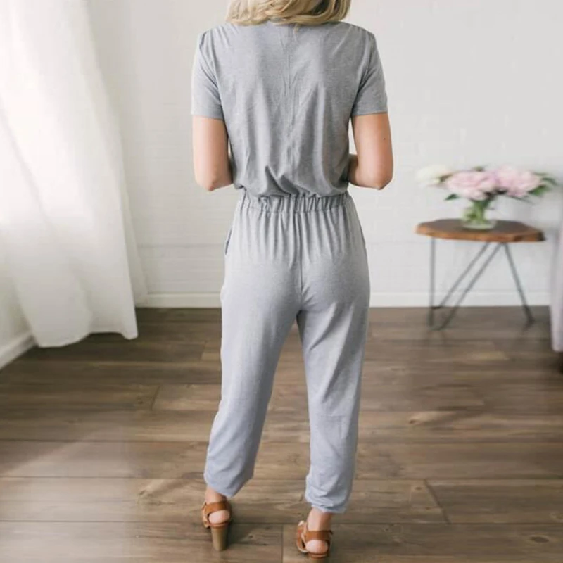 Womens rompers jumpsuit Cotton loose jumpsuit summer 2019 macac�es elegantes Solid color Vneck tie pocket jumpsuit New fashion Womens rompers jumpsuit Cotton loose jumpsuit summer 2019 macac�es elegantes Solid color Vneck tie pocket jumpsuit New fashion