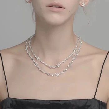 

YP1774 Flower 925 Sterling Silver Cubic Zircon Flowers Chain Necklace Long Link Necklace Women Bridal Wedding Jewelry Xmas Gift
