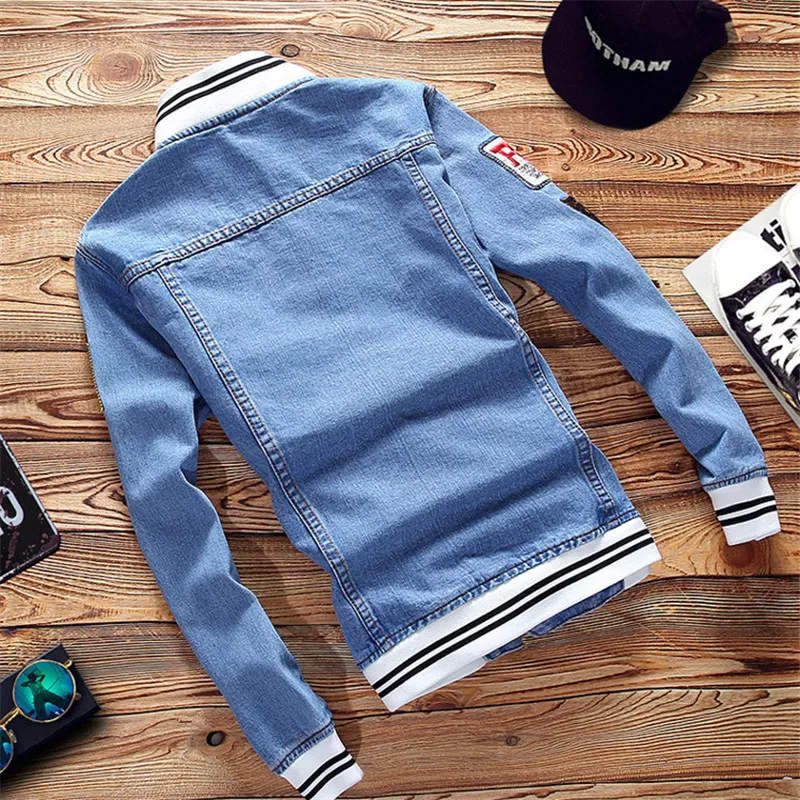 Günstig 2019 NEUE Frühling Herbst Pilot Jacke Denim Herren Casual Mode Mann Bomber Baseball Jacken Männer Mode stickerei Jean Jacke Mann
