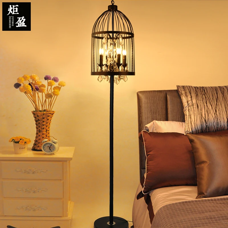 American retro crystal black color wrought iron cage floor lamp living