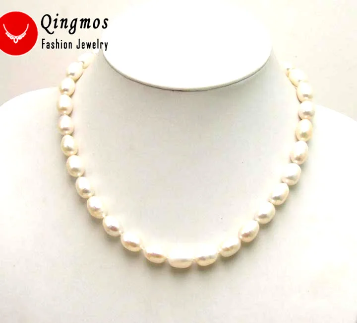 

Qingmos 9-10mm Natural White Pearl Necklace for Women with Freshwater 9-10mm Rice Pearl Chokers Necklace 17" Fine Jewelry 5349