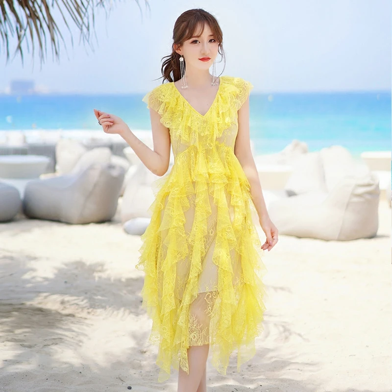 

New 2018 Summer Dresses Lace Ruffles Pleated Women Midi Long V-neck Mesh Female Runway Dress Party Voile Brand Designer Fashion