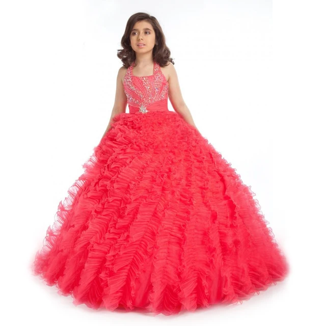Cheap Gorgeous Flower Girl Vestidos de First Communion Little Princess Halter Crystal Sleeveless Tulle Organza Pageant Ball Gown 2016