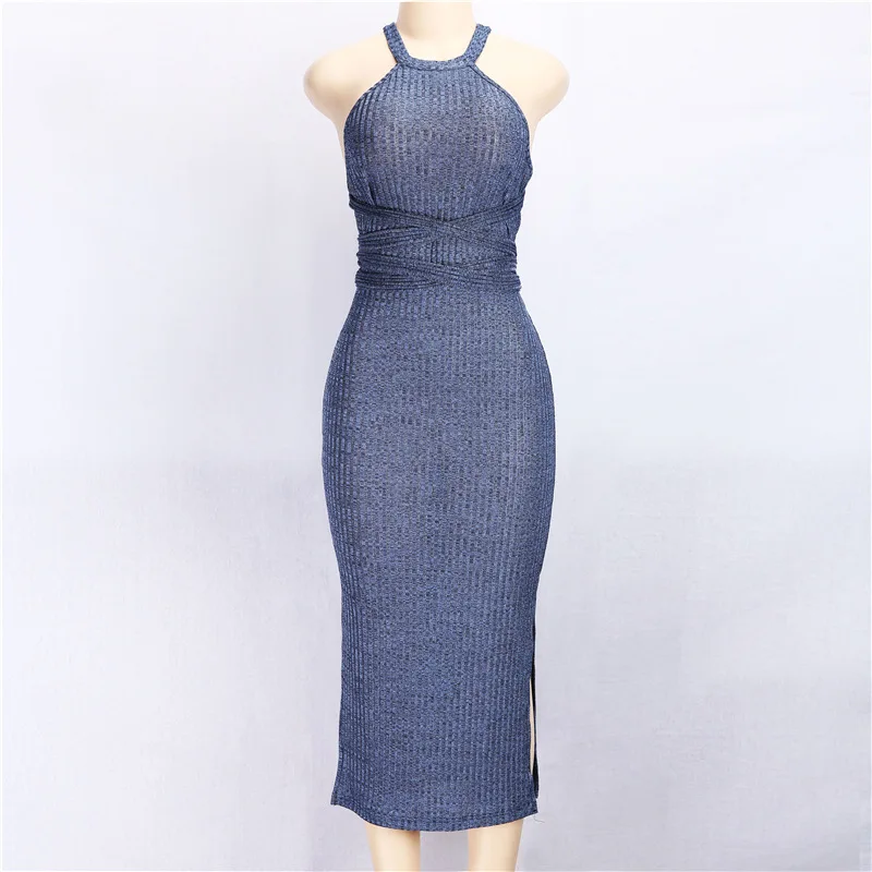Summer Sheath Dress Women Clothes Sexy Party Halter Neck Sleeveless Slit Mid-calf Dresses Slim Backless Bandage Grey Vestidos Summer Sheath Dress Women Clothes Sexy Party Halter Neck Sleeveless Slit Mid-calf Dresses Slim Backless Bandage Grey Vestidos