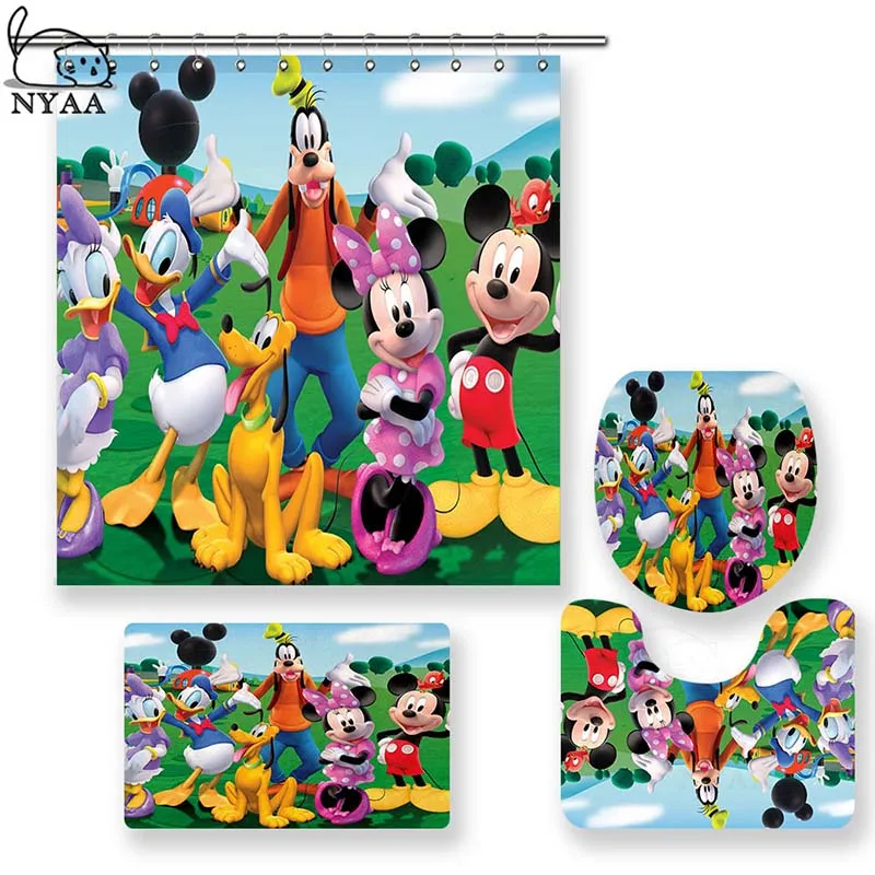 

NYAA 4 Pcs Happy Mickey Shower Curtain Pedestal Rug Lid Toilet Cover Mat Bath Mat Set For Bathroom Decor