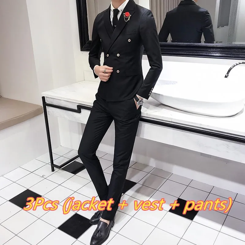 Роскошный Королевский мужской костюм 3 комплекта модный бутик двубортный сплошной цвет свадебное платье Тонкий деловой, банкетный вечерний наряд - Цвет: 3 PCS black