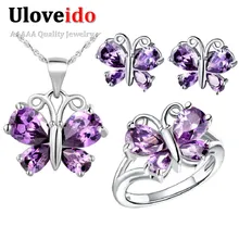 Uloveido púrpura vestido de fiesta de cristal de la mariposa de plata regalo de la joyería nupcial conjuntos de joyas de boda anillos pendientes collar t235