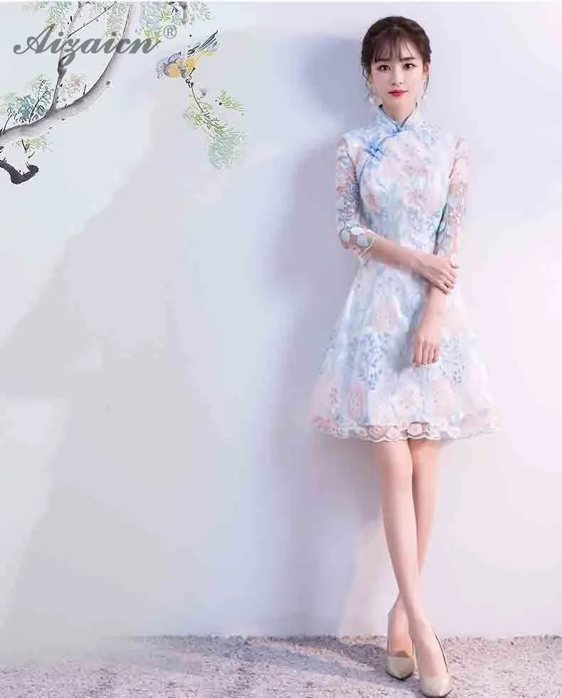 2019 летние модные короткие Cheongsam платья для женщин для китайское платье Qipao мини Восточный Стиль Тонкий Ци Пао Китай костюмы светло голубой