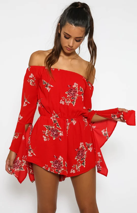 2017 Women Playsuit Sunmer Boho Print Sleeveless Red Sexy